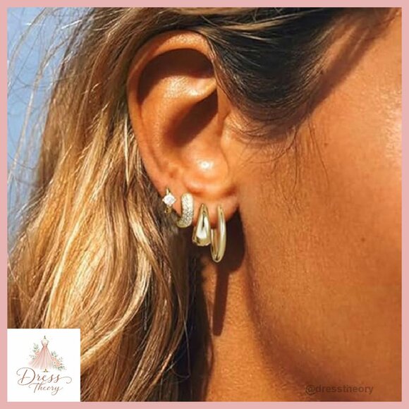 14K Gold Plated Hoop Earrings Set, Hypoallergenic Lightweight Women's Jewelry - Picture 6 of 8